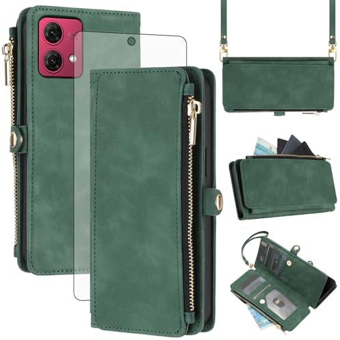 Asuwish Funda para Motorola Moto G84 5G funda con banda y lámina protectora de pantalla RFID tarjetero plegable piel flores monedero soporte G 84 84G XT2347-2 funda protectora teléfono funda verde