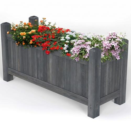 Vivo Technologies Large Wooden Garden Planter Outdoor Flowers Plant Pot Rectangular Garden Planters Planting Raise Bed Patio Decking, 60x20x31 cm, Grey