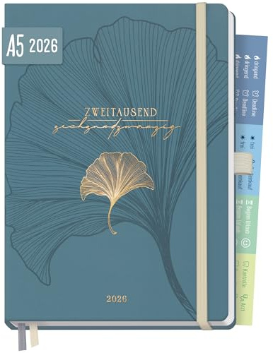 Häfft® Chäff-Timer Premium Kalender 2026 A5 “Blue Ginkgo” Buchkalender, Terminplaner, Terminkalender, Wochenplaner, Wochenkalender 12 Monate: Jan 26 bis Dez 26 - nachhaltig & klimafreundlich