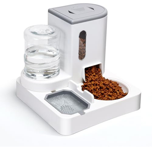 Nobleza Distributore Automatico e Distributore d'Acqua per Gatti, Mangiatoia per Gatti a gravità 2 in 1, 2,2L Dispenser Cibo Gatto e 1L Fontana d’Acqua, Dispenser Cibo Gatti Cani (Grigio)