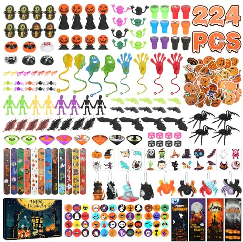 KOMABLEN 224 piezas Halloween Decoracion Relleno Piñata, Halloween Regalo Cumpleaños Niños, Juguetes Fiesta Pack Regalos Cumpleaños con Arañas, Tatuajes, Llaveros, Brazaletes, Sellos, Anillos