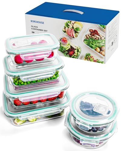 BOROHOUSE Frischhaltedosen Glas mit Deckel, 6er Set - Spülmaschinenfest, Ofen（-20℃~510℃）- & Gefrierschrankgeeignet - Meal Prep Glasbehälter, Luftdichte Vorratsdosen für Küche & Unterwegs