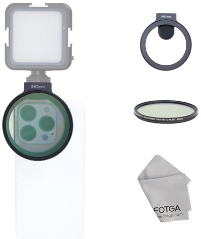 Fotga Clip-on 67mm Thread Lens Filter Adapter + 67mm MC CPL for iPhone 14 15 16 Pro Max Smartphone Cell Phone,Cold Shoe for Micrphone/LED Light,Anti-Slip/Anti-Scratch