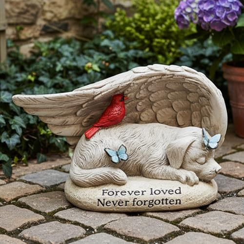 YHSOLAR Dog Memorial Stone Sleeping Doggy Angel Wings Garden Sculpture Cardinal Butterfly 6 Inch, Pet Grave Markers Resin Loss of Dog Sympathy Gift for Outdoor Pet Cemetery Decor