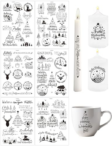 KONFEN 6 Stück Weihnachten Kerzen Aufkleber, Rub Ons Transferdruck Kerzenfolie Kerzensticker Sticker DIY Deko Kerzentattoos Wasserschiebefolie Kerzen Tassen Geschenk Feier Starke Haftung Klare Muster