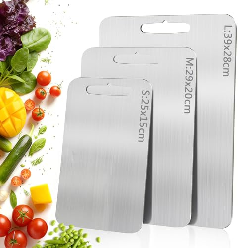 3 Piezas Tabla de Cortar Acero Inoxidable, Tabla de Cortar de Titanio de Grado Alimenticio para Cocina, Doble cara Reversible, Antibacteriana eHigiénica, ldeal para Carne, Verduras y Frutas