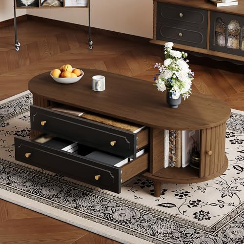 VIVCA Mesa de centro de color nogal, 100 x 50 x 36 cm, mesa de salón con dos cajones, mesa de sofá con puerta enrollable, mesa auxiliar con 4 patas de apoyo, color nogal + negro