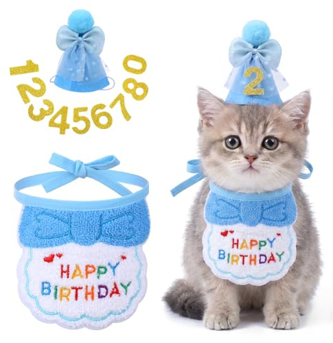 ADLABLD Katzen Geburtstag Hut Bandana Set,Haustier Geburtstags Partyhut | Geburtstagsmütze Schal-Set für Kleine Hunde und Katzen,Geburtstagsdekoration Gehören Latz und Partyhüte