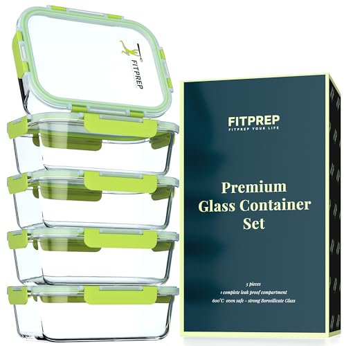 FITPREP® boites repas en verre – Set de 5 contenants avec couvercles étanches – stockage, cuisson & conservation – verre borosilicate – boite alimentaire hermétique