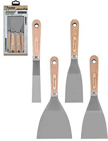ROLLINGDOG 4 Stück Spachtel Set mit Edelstahlklinge und lasergraviertem Buchenholzgriff, zum Glätten und Spachteln von Wänden