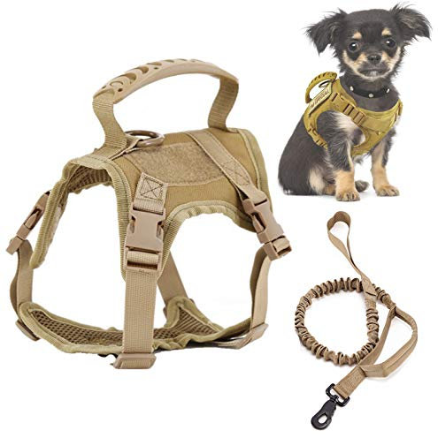 PJDDP Hundegeschirr Weste Für Große Katze, Welpen, Kleiner Hund,Taktisches Welpengeschirr Einstellbar Weich Geschirr Mit Bungee Hundeleine &Griffen,Molle-Weste Für Hunde, Kein Ziehen,Braun