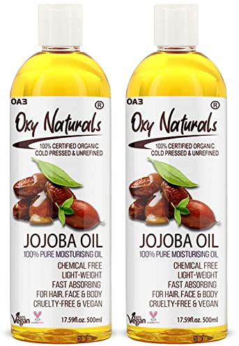 Oxy Naturals Organic Jojoba Oil 2 x 500ml – Cold Pressed, 100% Pure & Natural Unrefined Carrier Oil – Vegan, Hexane Free – for Skin, Hair, Nails & Makeup Removal
