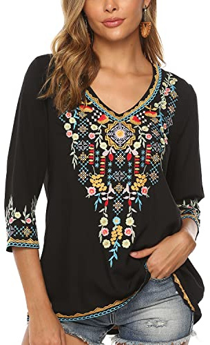 Vakakado Hippie Vêtements Dames Bohème Folklore Broderie Blouse Manches 3/4 Col V Tunique D'été Haut Décontracté(054,Noir,L)