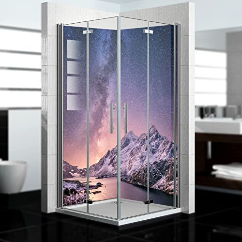 dedeco Panel de ducha de esquina resistente al agua, diseño luz polar V3, barniz UV brillante, 2x 90x200 cm, como pared trasera de baño para reemplazar azulejos, revestimiento de pared de aluminio