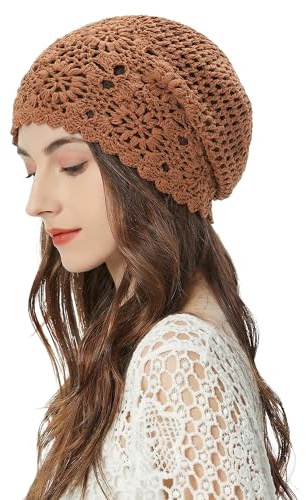 ZLYC Dam bomull virkad slouchy mössa hatt handgjord stickad utklipp sommar blommig skalle keps, Solid karamell, en storlek