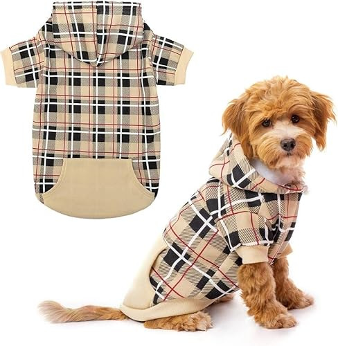 EXPAWLORER Tartan Plaid Dog Hoodie Fleece-lined Sweatshirt, Beige XS | British Style Dog Clothes with Lead Hole, Soft Warm Pet Jumper, Winter Coat Stylish Outfit for Small Medium Large Dogs