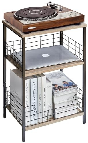 YMYNY Beistelltisch, Kaffeetisch mit 3 Ebenen, Ablagekorb, Laptoptisch, Nachttisch, Sofatisch, Couchtisch, 40 x 29 x 62 cm, Metallgestell, für Schlafzimmer, Büro, Wohnzimmer, Grau HST002Y