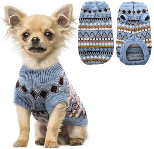 Hjumarayan Hundepullover - Boho Hundepullover Kleine Hunde Weihnachtspullover, Schöne Hunde Pullover mit Geschirr Öffnung, Dicken Hundepulli Chihuahua Yorkshire Jack Russell Pullis (Blau XS)