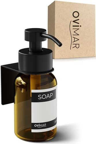 ovimar Glas Seifenspender Stord schwarz | Edelstahl Pumpkopf und Wandhalterung | ohne Bohren zum Kleben mit 3M | 250ml Braunglas Apothekerglas