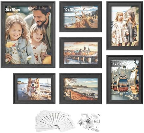 SONGMICS Bilderrahmen 7er Set, 10 Passepartouts, ein 20 x 25 cm, zwei 13 x 18 cm, vier 10 x 15 cm, aufhängen, aufstellen, Glas, 9 spurlose Wandhaken, aschschwarz RPF047B01