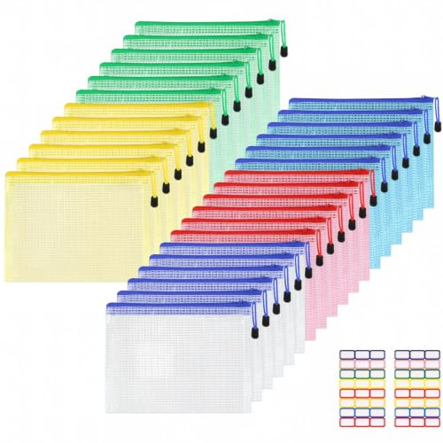 Newofview 30 Stück Dokumententasche A5 Dokumententaschen mit Reißverschluss | Bunte Wasserdichte Reißverschlusstasche Mesh Kunststoff Taschen Dokumententasche für Dokument, Papier, Kosmetik (5 Farben)
