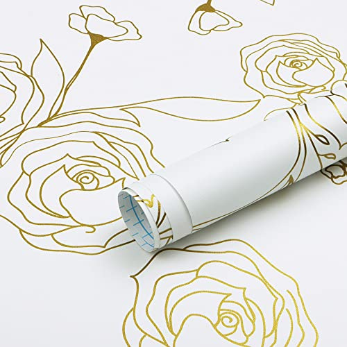 Safiyya 196x17.3 Peel and Stick Wallpaper Gold and White Contact Paper Floral Wallpaper Self Adhesive Removable Wallpaper for Bedroom Covering Vinyl Rolls