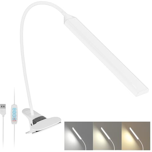 LUTW Klemmlampe LED Dimmbar, 3 Modi 10 Helligkeitsstufen Klemmleuchte USB Aufladbar, 360° Schwanenhals Augenschutz Schreibtischlampe LED für Büro Kopfteil Videokonferenz, 8W Weiß