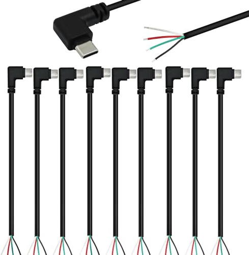 RUNCCI-YUN 10Stücke 25cm 28AWG 90 Grad USB Typ C Stecker Pigtail Stromkabel, 5V 3A USB-C-Stecker auf 4-Poligen Blanken Draht Offenes Ende, für LED-Leuchten