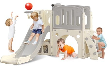 hoopyosms Kinder Rutsche mit Klettergerüst, Basketballkorb und Tunnel, Indoor-Kunststoffrutschenset für Kinder, Montessori-Spielzeug für den Spielplatz, Grau