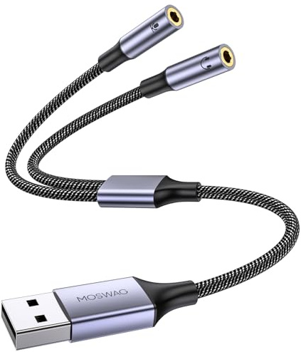 MOSWAG USB Adaptateur Audio Carte Son Externe, USB à Double 3,5 mm Audio Jack Adaptateur, Câble Stéréo avec Double TRS 3 pôles 3,5 mm Casque et Microphone Jack pour Ordinateur Portable Windows Mac PC