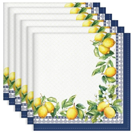 Arquiel Servilletas de Limón Hojas Tela de Cocina, Servilletas de 6 de Tela 100% Algodón Suaves Cómodas Lavables Reutilizables Servilletas de Mesa para Cenas Familiares, Cócteles, Bodas