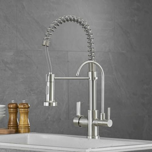 ZYCDP 3 Wege Wasserhahn Küche, Küchenarmatur 360 Drehbare, 2 Modi, 3 in 1 Mischbatterie für Wasserfilter, Gebürstet