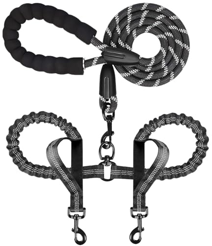 Double Dog Leash for Two Dogs, Heavy Duty Adjustable No Tangle, Bungee Retractable Split Multiple Leash for Walking 2 Dogs, 5.5FT-1/2”, Black