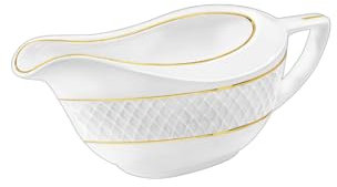 Wilmax – Salsera de porcelana con patrón dorado – 230 ml – Blanco – Salsera con asa – para salsa, aderezos para ensaladas, crema, caldo de leche – Jarra de leche con boquilla