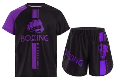 CHICTRY Kinder Wushu Kleidung Jungen Boxen Set Kurzarm Kickboxen T-Shirt Boxing Shorts Muay Thai Trainingshose Kampfsporttraining Sportbekleidung Violett 146-152
