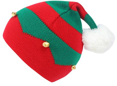 MEKIN Weihnachtshut mit Glocken, Unisex Familie Santa Hut Weiche Plüsch Pelz gestrickte Weihnachtshut, Verdicken Bequeme handgemachte Weihnachtsmann Hut für Weihnachten Neujahr Cap (Grün)