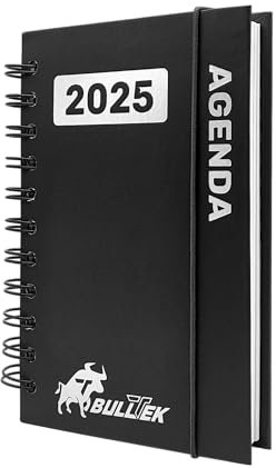 BullTek - Kalender A6 2025 | Mehrsprachiger Tagesplaner mit 30-Minuten-Intervallen | Hardcover & Ringbindung | Wetter-Tracking | 1 Tag/Seite, Schwarz, Papier Cardstock