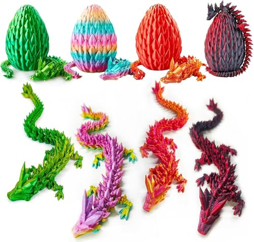 4er Set 3D Drachenei mit Drache – 13 cm bewegliche Gelenke Drachen spielzeuge, Kristall Drachen, Ostereier, ostergeschenke Kinder – Geeignet als Spielzeug ab 5/6/7/8/9 Jahre Jungen Mädchen