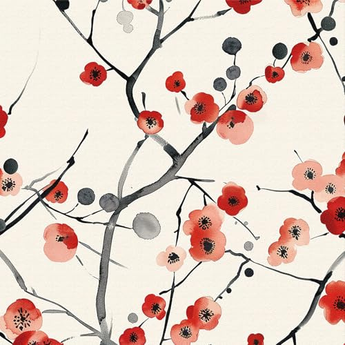 Carta da Parati Fiori Rossa, 44 x 600 cm Carta da Parati Floreale Beige e Nero Ramo Parato Adesivo Fiori di Prugna Alberi Piante Boho Pellicola Adesiva per Mobili,Camera da Letto,Soggiorno,Bagno