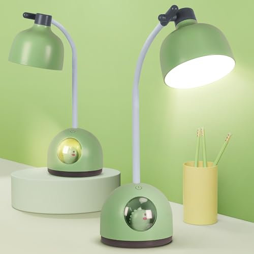 FemKey Schreibtischlampe Kinder, Dimmbar Touch LED Desk Lamp, Leselampe Wiederaufladbare USB Energiespar Augenschutz, Flexibles Arm Nachttischlampe, Cartoon-Stil Grüner Dinosaurier