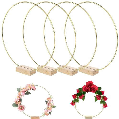 4 Stück Metallring Mit Fuß, Metallringe zum Basteln, Deko Ring mit Ständer, Trockenblumenkranz Gold, Holzsockel Metallringe, für Herstellung von Tischdeko Hochzeit und Wandbehängen