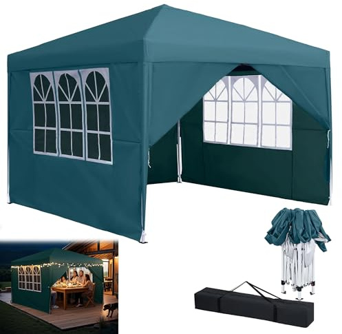 YRHome Pavillon Pop Up Faltpavillon Pavillon 2.5x2.5m Wasserdicht Winterfest Stabil UV-Schutz Gartenpavillon mit 4 Seitenteilen und Fenstern Outdoor Gartenzelt Partyzelt Festzelt Höhe bis 2.6m, Grün