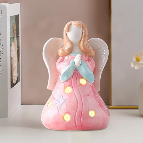 Engelfigur mit LED Lichterkette, Deko Wohnzimmer Engel Dekofigur aus Keramik, Zimmer Deko Aesthetic Engel Figuren mit Beleuchtung Batteriebetrieben Licht für Frauen Männer Mama Ostergeschenke (Rosa)
