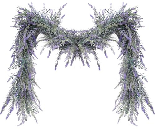 MAKHOT Spring Summer Lavender Purple Garland, 6Ft Lavender Artificial Green Garland, Fake Silver LavenderLeaves Vines for Wedding Mantle Party Arch Porch Stair Table Door Home Decor (Light Purple)