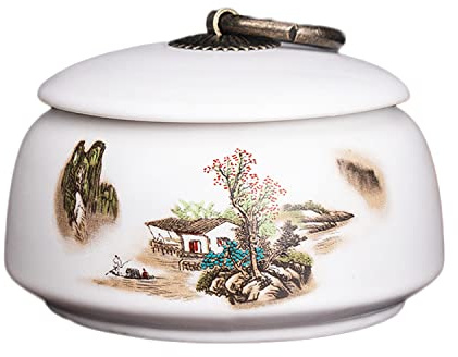 Ceramic Tea Canister Japanese Style Tea Coffee Sugar Storage Pots Jars Ceramic Traditional Tea Caddy For Kitchen, Round, White-mountain