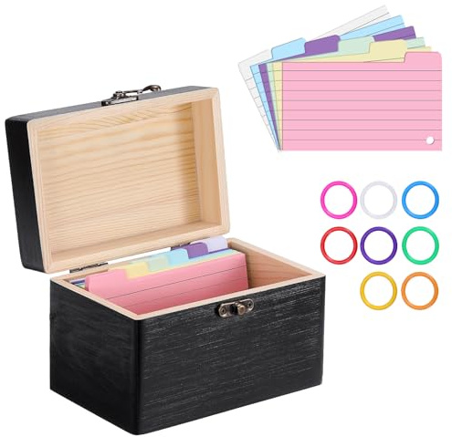 BSTKEY 1 caja organizadora de madera de 7.6 x 12.7 cm para tarjetas de índice, soporte para tarjetas de recetas de oficina en casa, almacenamiento de tarjetas de nombre con 150 papeles de notas y 8