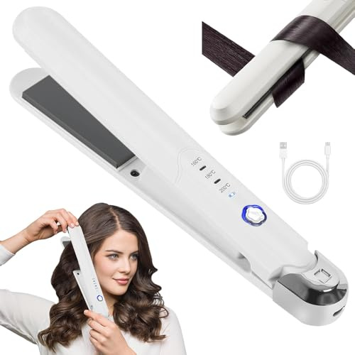 SKJJM Mini Plancha Pelo Inalámbrica, 2 en 1 Plancha de Pelo y Rizador, Plancha Pelo Viaje, 2500mAh Plancha de Pelos Portátil USB Recargable, Recargable con 3 Ajustes de Temperatura - Blanca