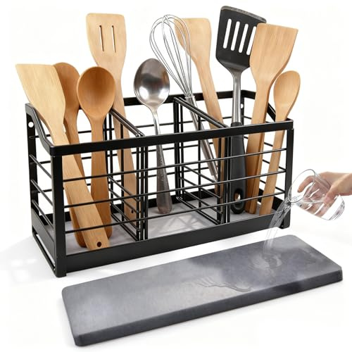 Yartmon Kitchen Utensil Holder with Diatomaceous Earth Base, Large Counter Organiser, Matte Black