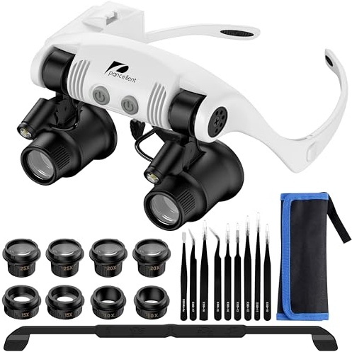 Pancellent Lupa de reparación de relojes, lupa de montaje en cabeza, 4 lentes desmontables, 2 luces LED, gafas de lectura manos libres para leer, lupa de joyería, reparación electrónica (10X, 15X, 20X