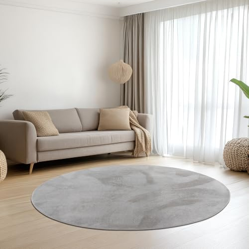 Teppich-Traum Teppich Wohnzimmer Schlafzimmer Kurzflorteppich Hasenfell Kunstfell Optik seidig weich samtig schimmernd pflegeleicht einfarbig grau 140 cm rund